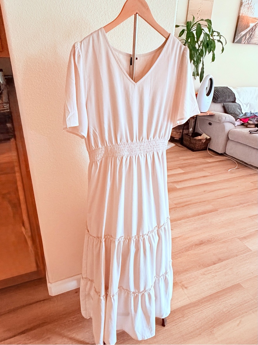 Women’s Cream V-Neck Smocked Waist Tiered Midi Dress